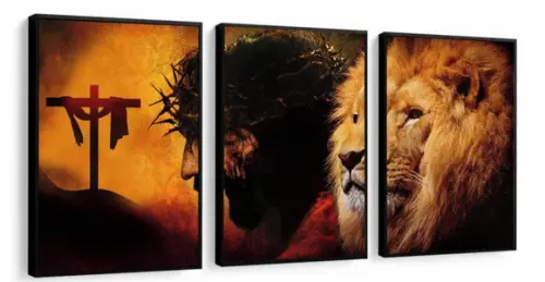 Kit 3 Quadros Leão Jesus Cristo Oração Decoração Com Moldura