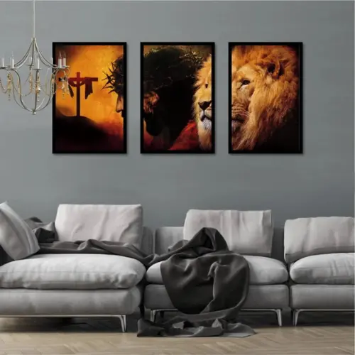 Kit 3 Quadros Leão Jesus Cristo Oração Decoração Com Moldura
