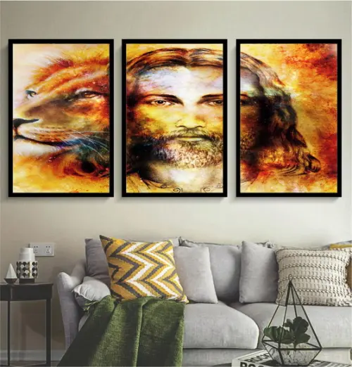 Kit 3 Quadros Leão Jesus Decoração Religioso Com Molduras