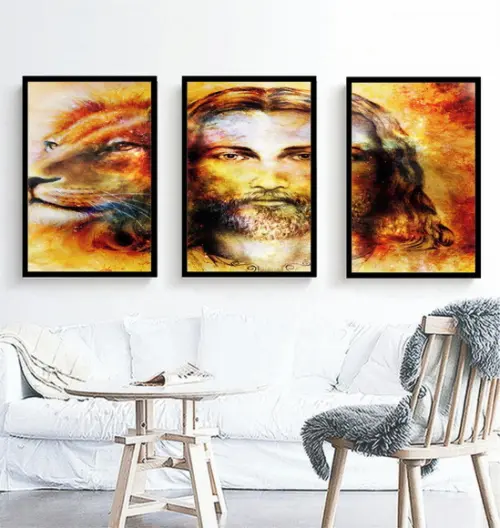 Kit 3 Quadros Leão Jesus Decoração Religioso Com Molduras
