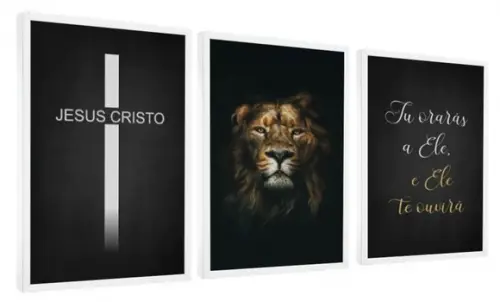 Kit 3 Quadros Leão Oração Jesus Frases Decoração Com Moldura