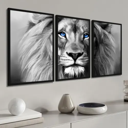 Kit 3 Quadros Leão Preto e Branco Decoração Conjunto Moldura