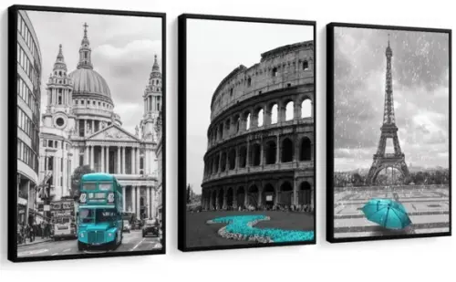 Kit 3 Quadros Londres Coliseu Paris Azul Decoração Molduras