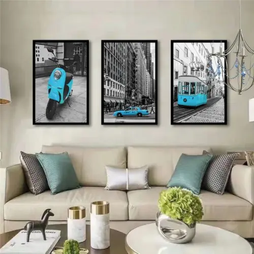 Kit 3 Quadros Londres Nova York Taxi Azul Decoração Molduras