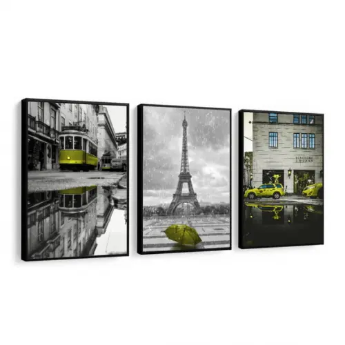 Kit 3 Quadros Londres Ny e Paris Decoração Cidades Molduras