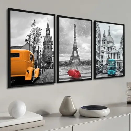Kit 3 Quadros Londres Paris e Nova York Para Sala Moldura