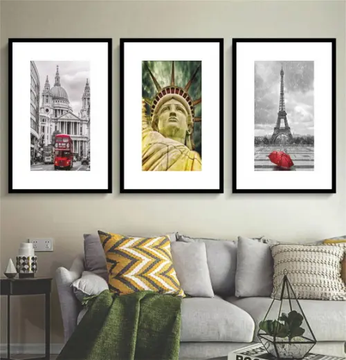 Kit 3 Quadros Londres Paris e Nova York Decoração Molduras