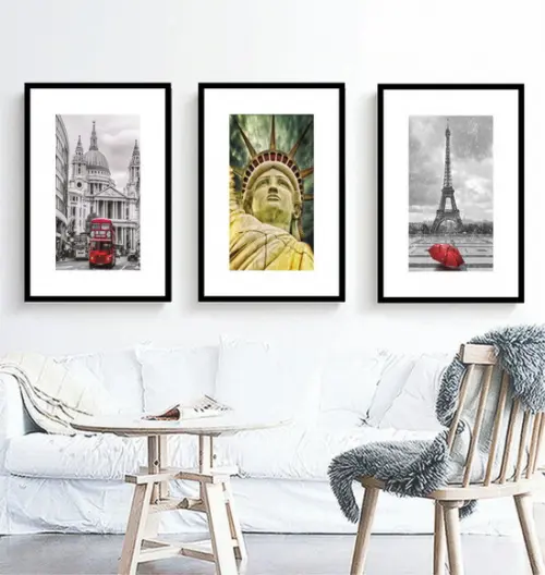 Kit 3 Quadros Londres Paris e Nova York Decoração Molduras