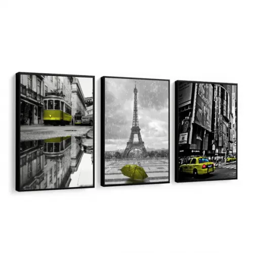 Kit 3 Quadros Londres Paris e Ny Decoração Cidades Molduras