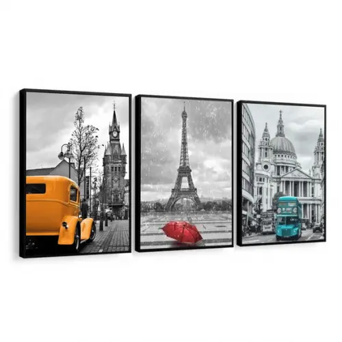Kit 3 Quadros Londres Paris e Nova York Para Sala Moldura