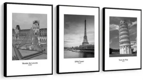 Kit 3 Quadros Londres Paris Pisa Roma Decoração Com Molduras