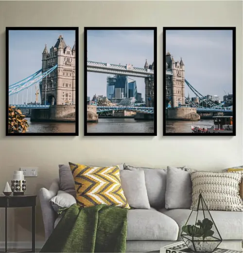 Kit 3 Quadros Londres Tower Bridge Ponte Decoração Molduras