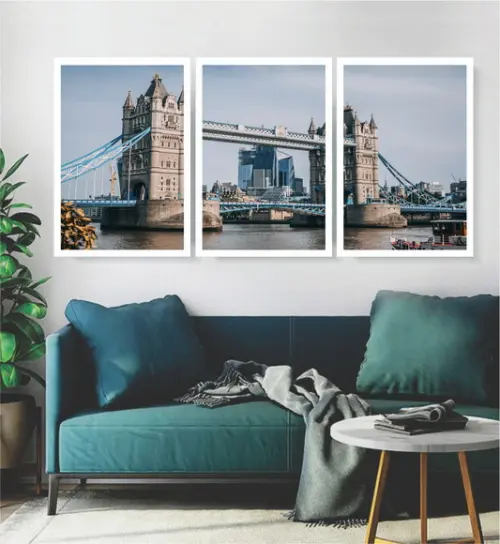 Kit 3 Quadros Londres Tower Bridge Ponte Decoração Moldura