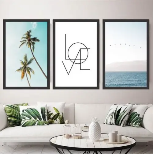 Kit 3 Quadros Love Casal Praia Decoração Coqueiros Moldura