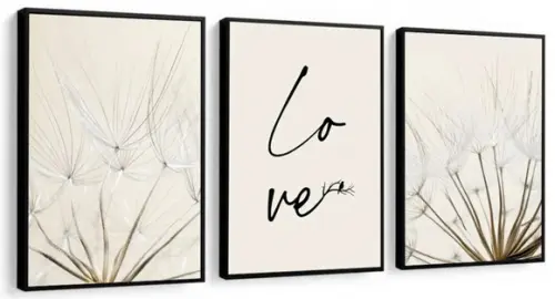 Kit 3 Quadros Love Flor Dente De Leão Decoração Com Moldura