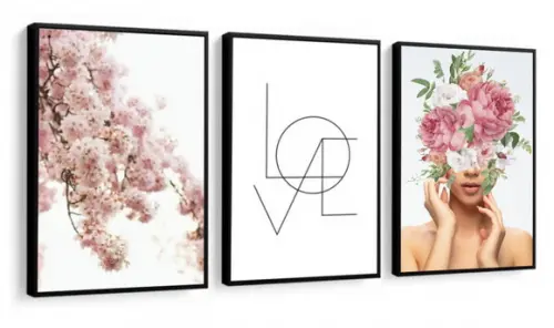 Kit 3 Quadros Love Flor Cerejeira Mulheres Decoração Moldura