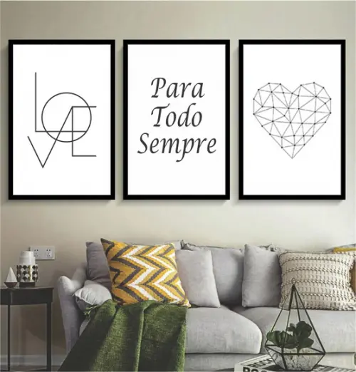 Kit 3 Quadros Love Frases para Todo Sempre Decoração Moldura