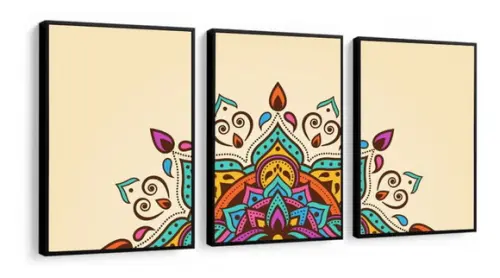 Kit 3 Quadros Mandala Colorida Hippie Decoração Com Molduras