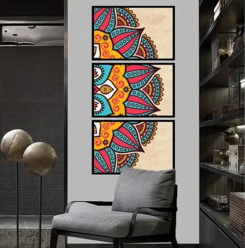 Kit 3 Quadros Mandala Vertical Decoração Colorido Molduras