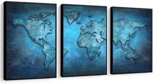 Kit 3 Quadros Mapa Mundi Azul Decoração Conjunto Com Moldura