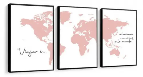 Kit 3 Quadros Mapa Mundi Viagem Frases Decoração com Moldura