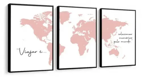 Kit 3 Quadros Mapa Mundi Viagem Frases Decoração Com Moldura