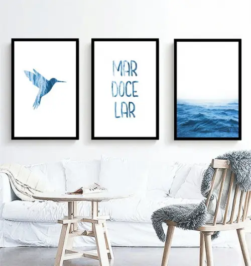 Kit 3 Quadros Mar Azul Frases Decoração Conjunto Com Moldura