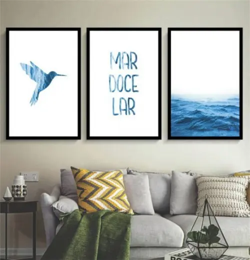 Kit 3 Quadros Mar Azul Frases Decoração Conjunto Com Moldura