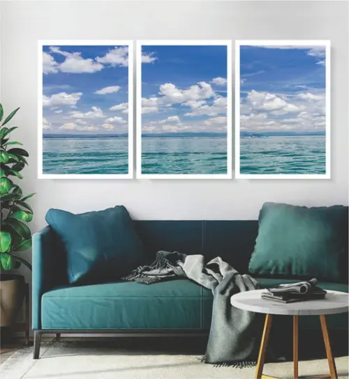 Kit 3 Quadros Mar Azul Paisagem Decoração Conjunto Moldura