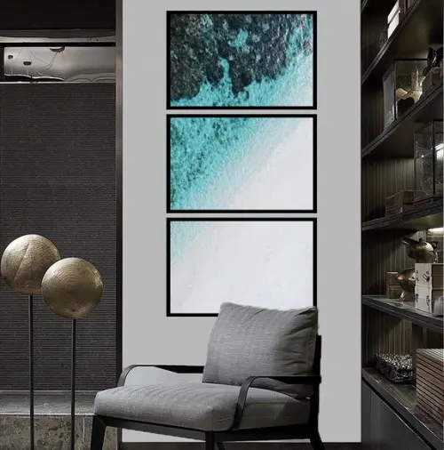 Kit 3 Quadros Mar Azul Ondas Decoração Conjunto Com Molduras