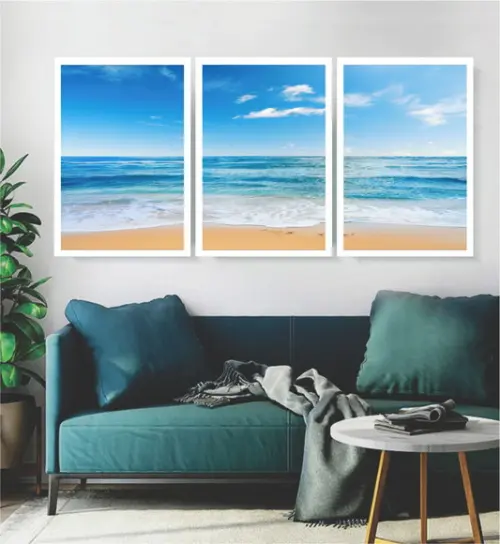 Kit 3 Quadros Mar Azul Praia Paisagem Decoração com Moldura