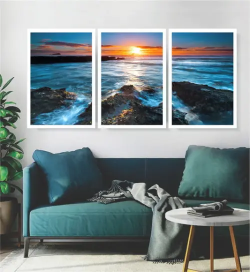 Kit 3 Quadros Mar Azul Praia Pôr Do Sol Decoração Moldura