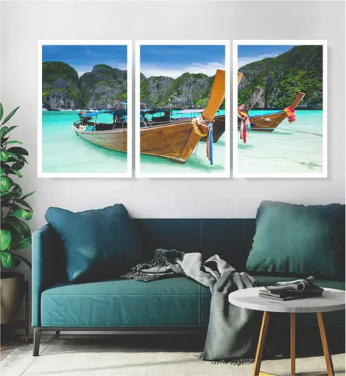 Kit 3 Quadros Mar Barco Tailândia Paisagem Decoração Moldura