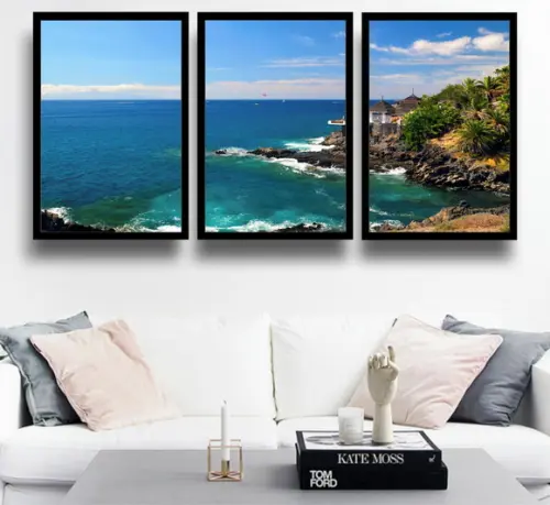 Kit 3 Quadros Mar Paisagem Natureza Decoração Com Moldura