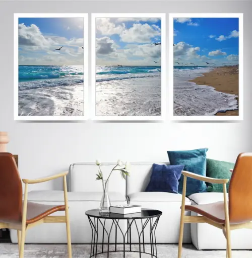 Kit 3 Quadros Mar Pássaros Gaivotas Onda Decoração Molduras