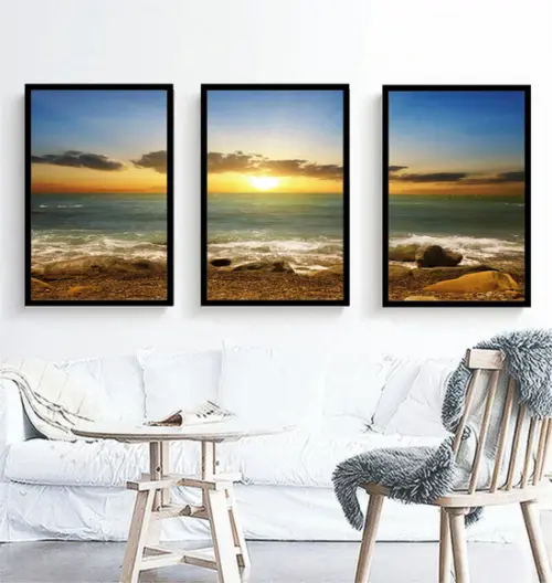Kit 3 Quadros Mar Praia Paisagem Sol Ondas Decoração Moldura