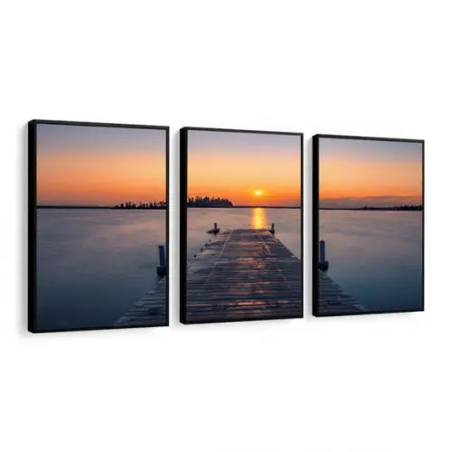 Kit 3 Quadros Mar Praia Pôr Do Sol Deck Decoração Moldura