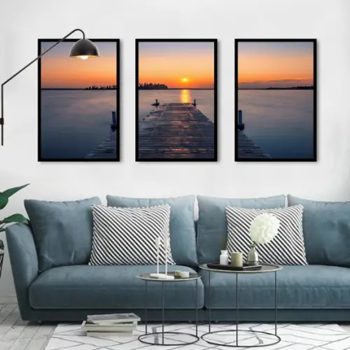 Kit 3 Quadros Mar Praia Pôr Do Sol Deck Decoração Moldura