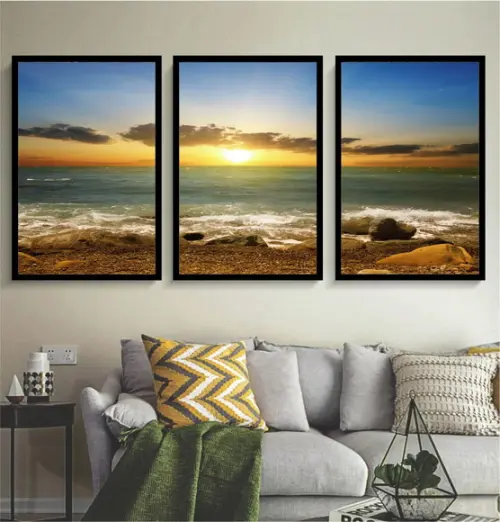 Kit 3 Quadros Mar Praia Paisagem Sol Ondas Decoração Moldura