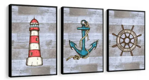 Kit 3 Quadros Marinha Farol Ancora Barcos Decoração Molduras
