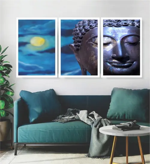 Kit 3 Quadros Meditação Buda Decoração Azul Conjunto Moldura