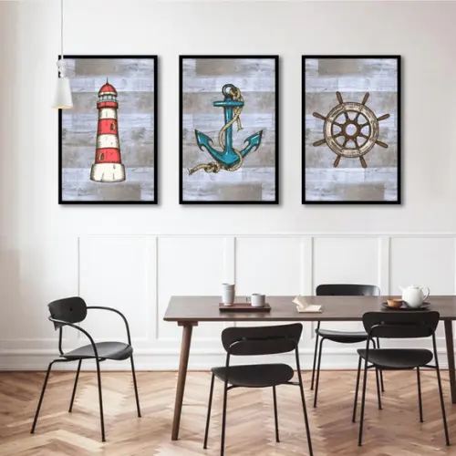 Kit 3 Quadros Marinha Farol Ancora Barcos Decoração Molduras