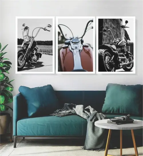 Kit 3 Quadros Motocicleta Harley Decoração Conjunto Molduras
