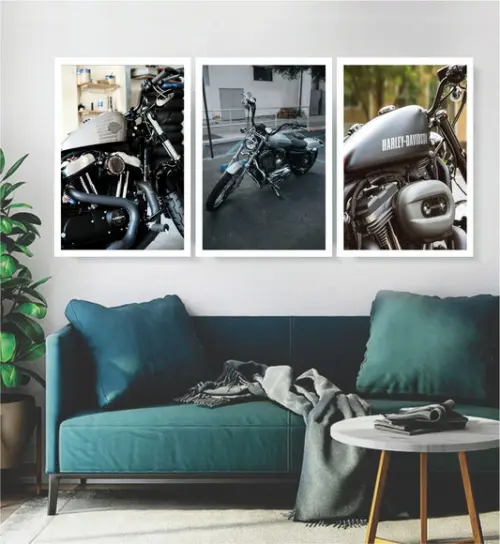 Kit 3 Quadros Motocicleta Harley Vintage Decoração Molduras