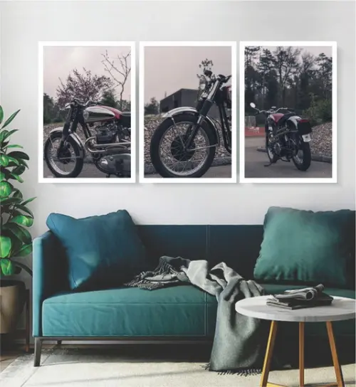 Kit 3 Quadros Motocicletas Custom Vintage Decoração Moldura