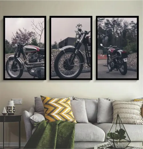 Kit 3 Quadros Motocicletas Custom Vintage Decoração Molduras