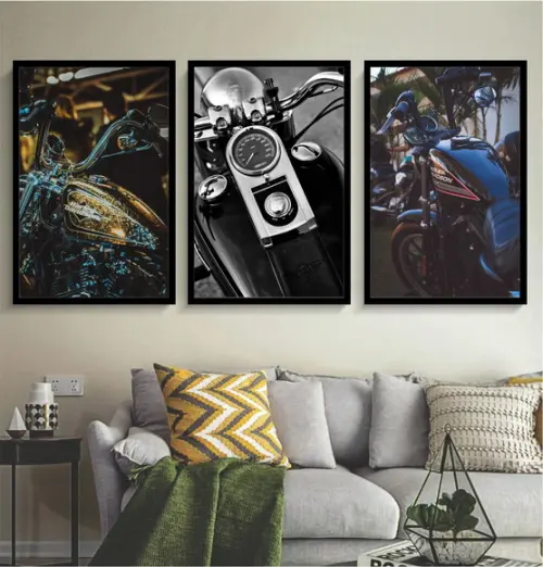 Kit 3 Quadros Motocicletas Harley Decoração Moderna Molduras