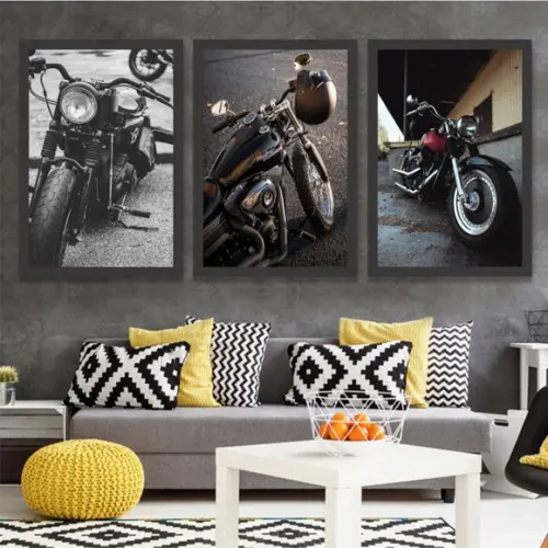 Kit 3 Quadros Motocicletas Harley Decoração Vintage Molduras