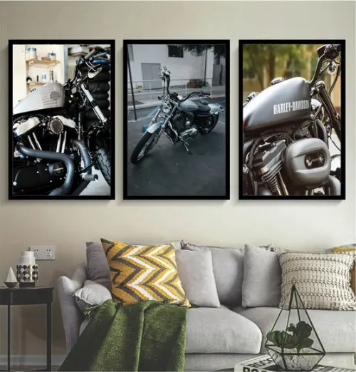 Kit 3 Quadros Motos Harley Vintage Rock Decoração Moldura