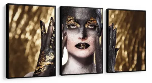 Kit 3 Quadros Mulher Maquiagem Dourado Decoração Com Moldura